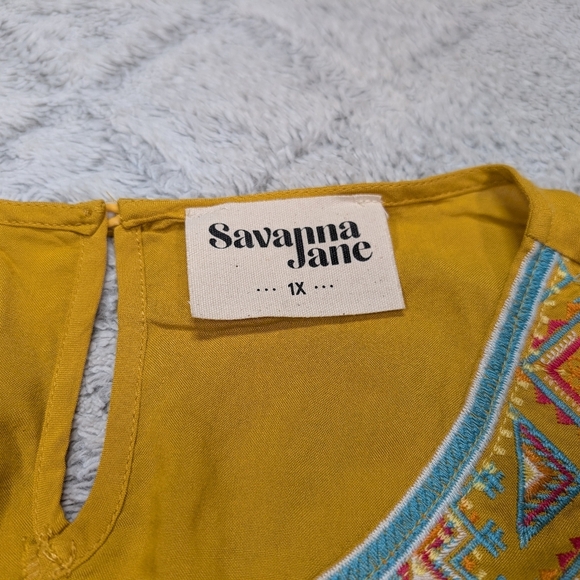 Savanna Jane Top Womens 1X Yellow Embroidered Floral Cap Sleeve Boho Chic - Picture 4 of 8